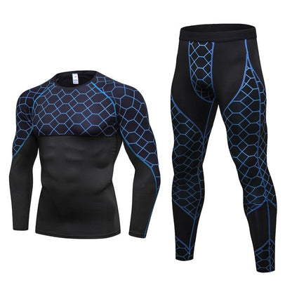 Men's Compression Run jogging Suits Grid Clothes Sports Set Long t shirt And Pants Gym Fitness workout Tights clothing 2pcs Sets