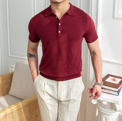 Thin Slim Fit Short Sleeve T-Shirt Knit Lapel Men